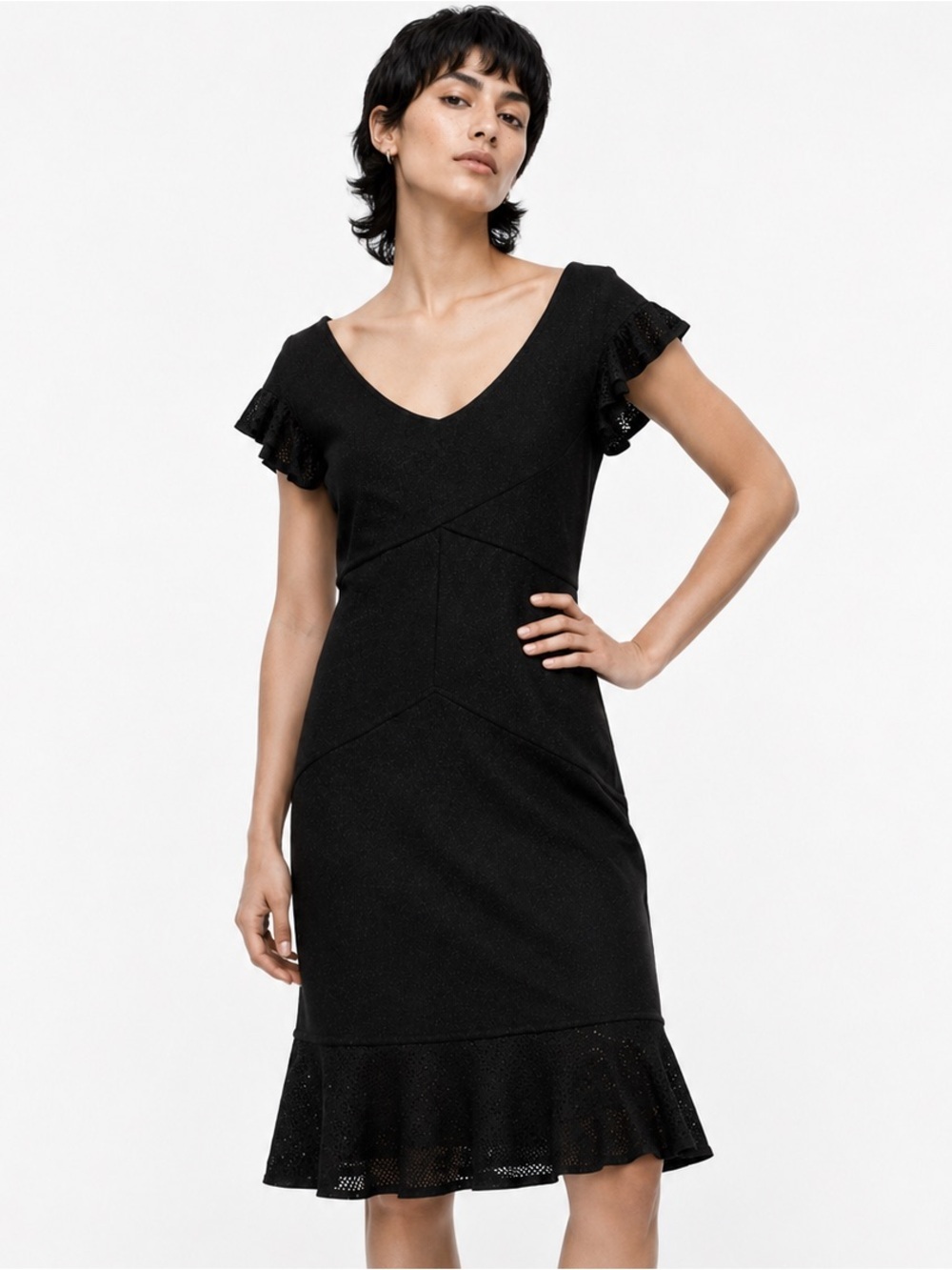 Zac Posen Target metallic silver glitter black dress w net mesh hem / sleeves- L